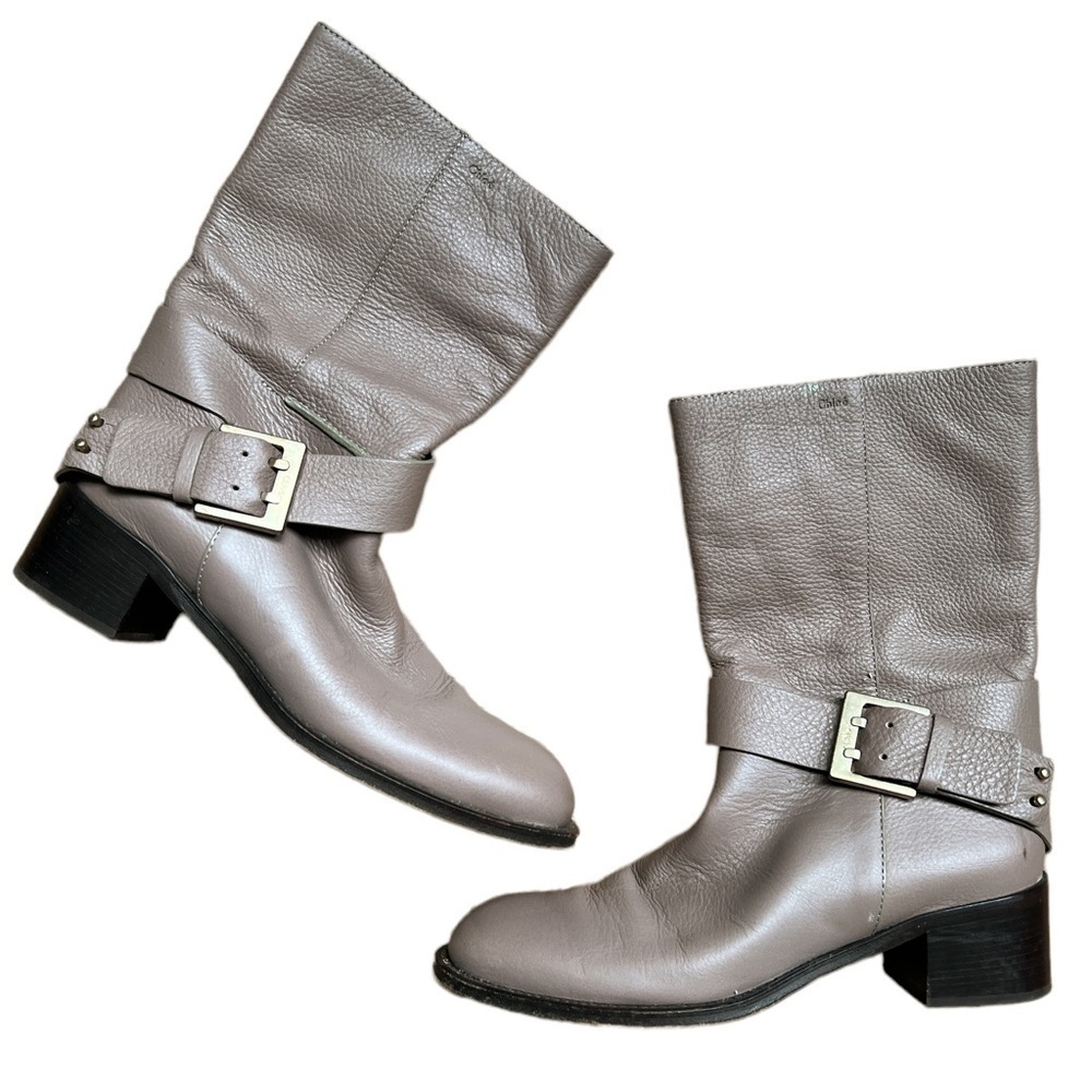 CHLOÉ Leather Mid Calf Ankle Gold Buckle Bikercore Riding Boots Taupe 36.5